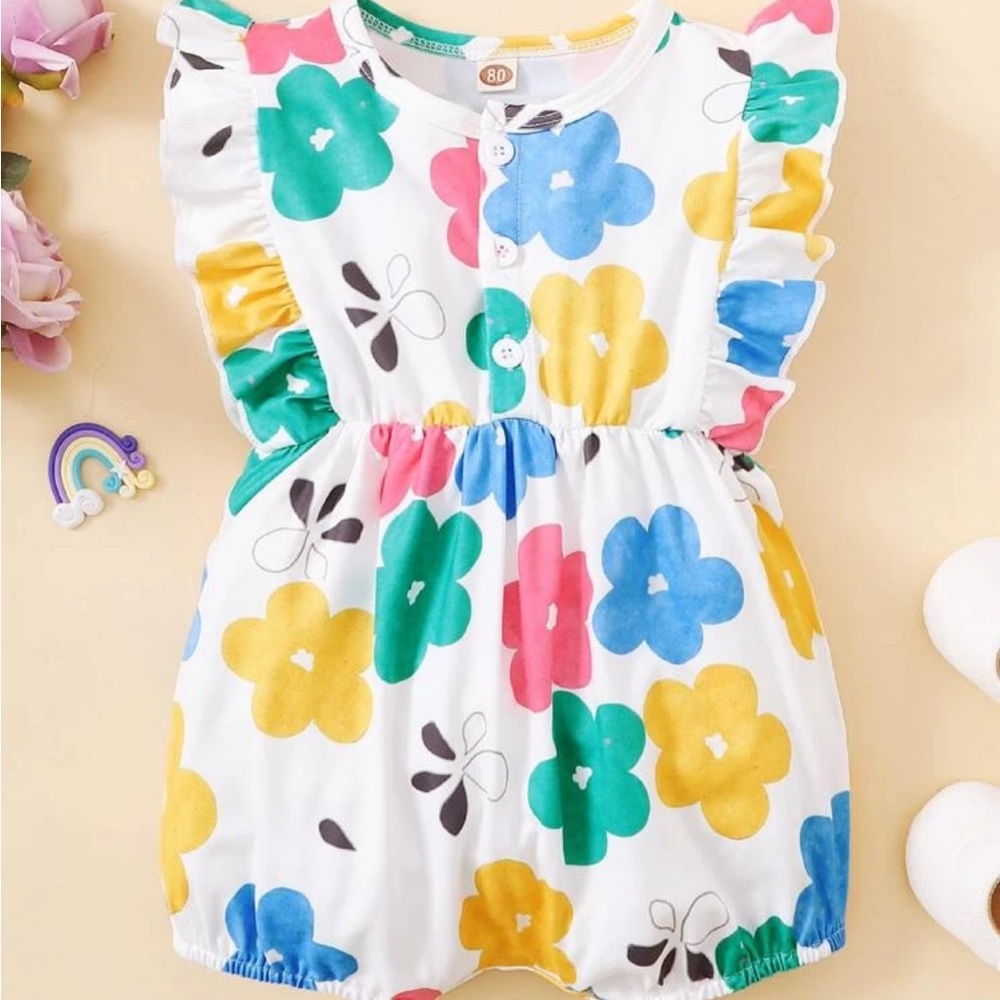 Baby Floral Print Ruffle Trim Romper